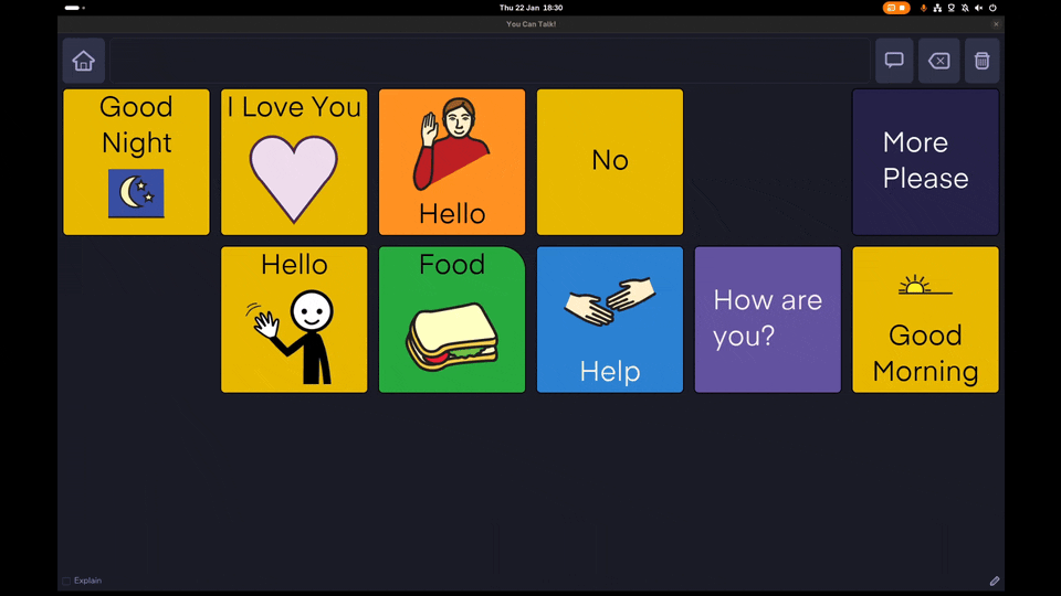 OneTalker app interface showing communication tiles